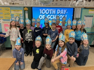 Mrs. Crolius and the first grade class at St. Peters celebrate the first 100 days of school. (Submitted photo)