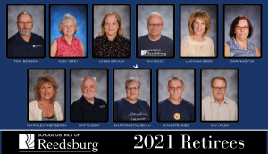Numerous long-time employees retired from the Reedsburg School District after this school year. Combined, they have 288 years with the district. They are as follows, from left: Tom Benson, 19 years, district administrator; Judy Brey, 28 years, elementary school speech and language pathologist; Linda Bruun, 12 years, director of curriculum, instruction and assessment; Jim Diece, 54 years, bus driver; Lucinda Erbs, 32 years, school nurse; Corinne Fish, 24 years, high school science teacher; Mary Leatherberry,