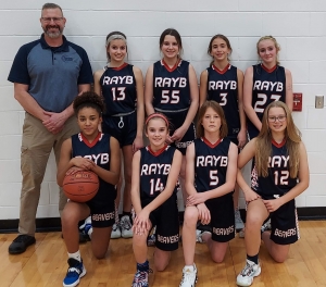 The RAYB girls seventh grade basketball team took the championship at a recent Southwest Basketball League Tournament. They earned the championship with wins against Mauston, Monroe and River Valley, the RAYB Ladies are 4-0 on the season with the other victory over Dodgeville. Pictured in front are Hayden Purifoy, Lexi Schwartzer, Gracie Roloff, Maddie Kast; back row: Coach Tim Thomas, Rhessa Thompson, Grace Thomas, Jayla Fritsch and Mallory Nachreiner. (Submitted photo)