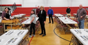 Setting-up for the Reedsburg Knights of Columbus fund-raising Breakfast are, from left, Heather and Chloe Kinsman, Don Fish, Julie Baum, Dennis Carroll, Ron Roecker and Brian Pottinger. Twenty-four members and their families donated approximately 150 hours of time for the event to help local individuals. (Submitted photos)