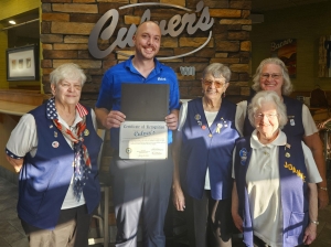 American Legion Auxiliary Unit 350 members presented Jake Farber with a Certificate of Appreciation for his work coordinating numerous Share Nights at Culver's of Reedsburg.  Culver's support allows the Unit to provide for local veterans. (Submitted photo)
