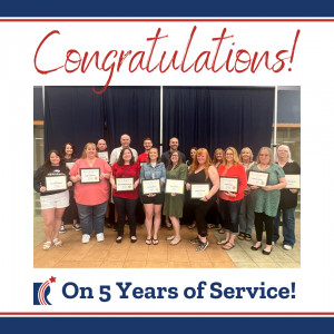 Five years: Erin Backeberg, Hope Cantwell, Brian Domenget, Melissa Dunse, Rebecca Hvode, Mark Johnson, Carrie Judd, Julie Knudsen, Drew Lockwood, Val McPherson, Kim Ostrander, Hollyanne Penzkover, Sarah Runde, Sandra Stowell, Cynthia Weller-Pfaff, Bri VandeZande, Alan Wunsch and Tracy Yager. Not pictured: Paul Neesam and Quinn Hobbs. (School District of Reedsburg photos)