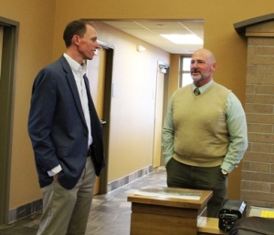 Wisconsin Aviation Hall of Fame Board Member Kurt Stanich speaks with Reedsburg City Administrator Tim Becker during the Hall of Fame’s visit to the Reedsburg Municipal Airport last Wednesday. (Photos by Heather Stanek)