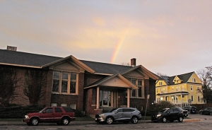 A rainbow could be seen over Reedsburg City Hall during Election Night on Tuesday. Numerous voters stopped to take photos with their cell phones while making their way to and from the polling place, which is located in the basement of City Hall. (Photos by Heather Stanek)