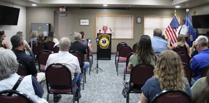 Sen. Joan Ballweg of the 14th District speaks to a packed room last Friday at Reedsburg Ambulance. Wisconsin’s first Safe Haven Baby Box opened at the department.