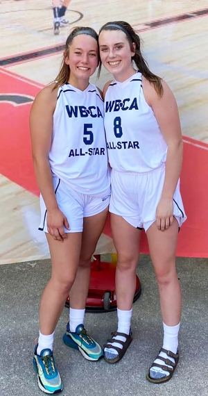 Reedsburg Beaver girls basketball standouts, Trenna Cherney, left, and Mahra Wieman got to play together one final time as both were members of the D-2 South Team as part of the WBCA State All-Star Games on Wednesday at Just a Game Fieldhouse in Wisconsin Dells. (Submitted photo)